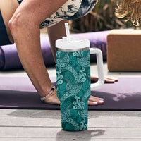 Teal Monstera Tumbler With Handle Polynesian Tribal Pattern LT01 - Polynesian Pride