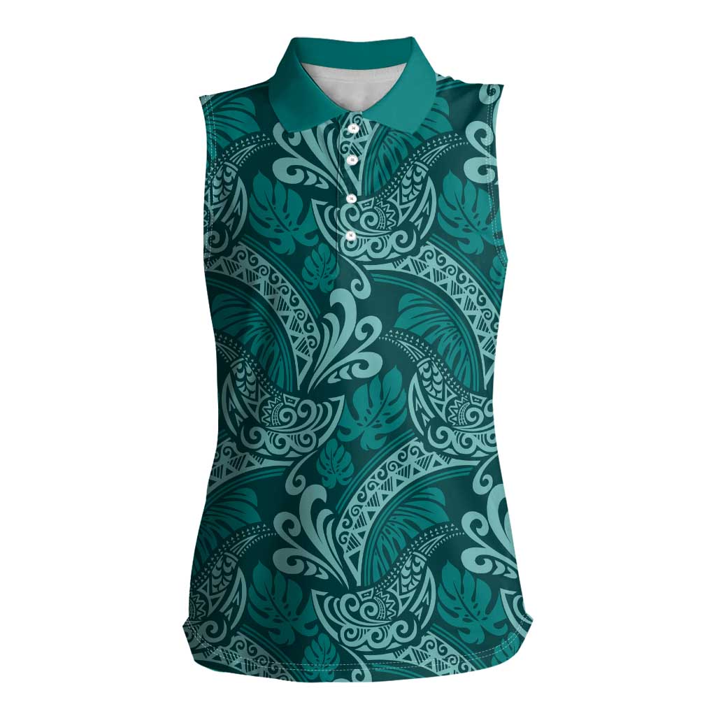 Teal Monstera Women Sleeveless Polo Shirt Polynesian Tribal Pattern - Polynesian Pride