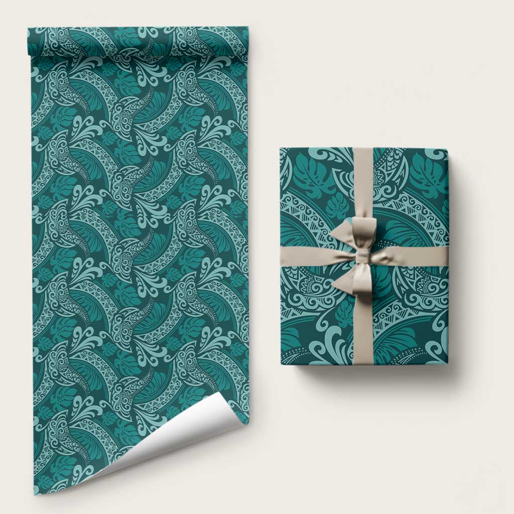 Teal Monstera Wrapping Paper Polynesian Tribal Pattern - Polynesian Pride