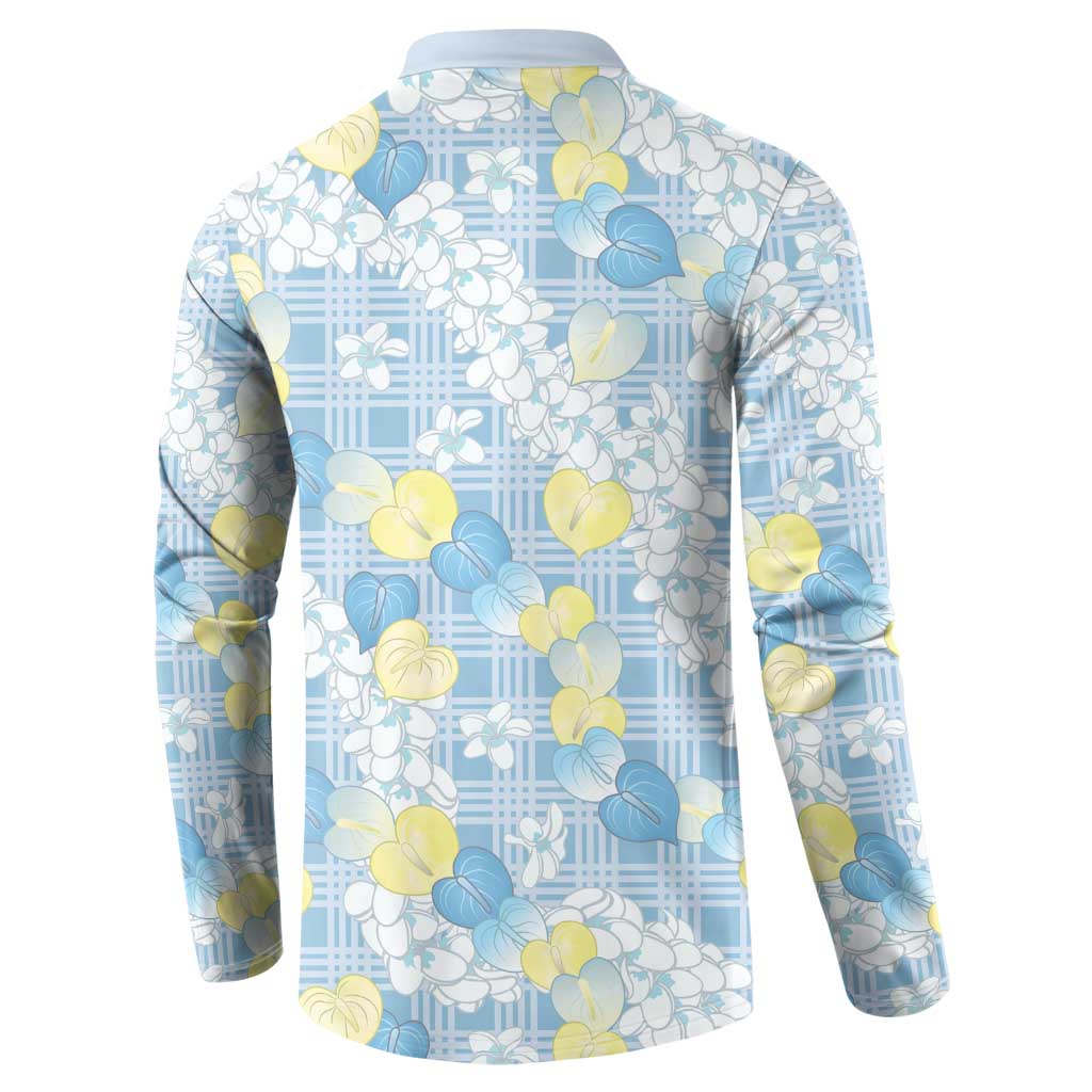 Anthurium Plumeria Lei Pastel Button Sweatshirt Blue Hawaiian Splendid Palaka
