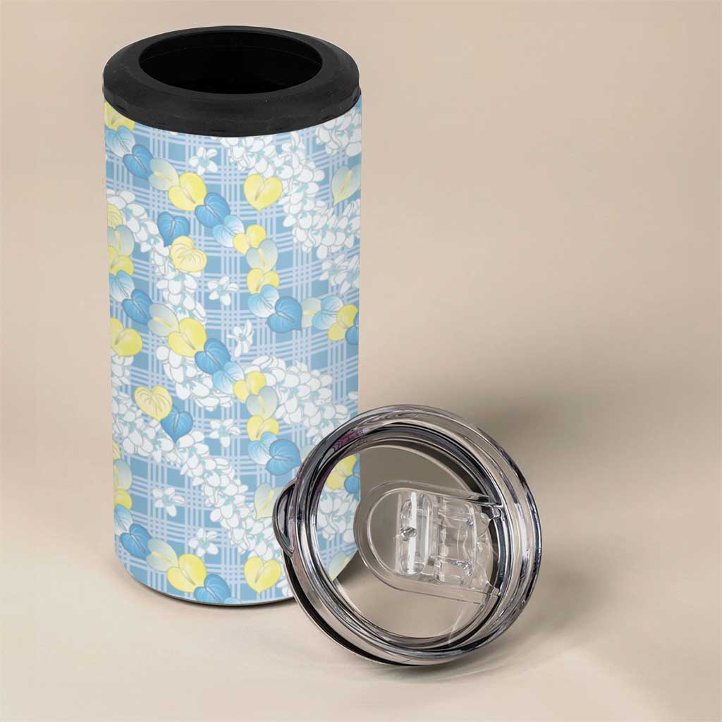 Anthurium Plumeria Lei Pastel 4 in 1 Can Cooler Tumbler Blue Hawaiian Splendid Palaka LT01 - Polynesian Pride