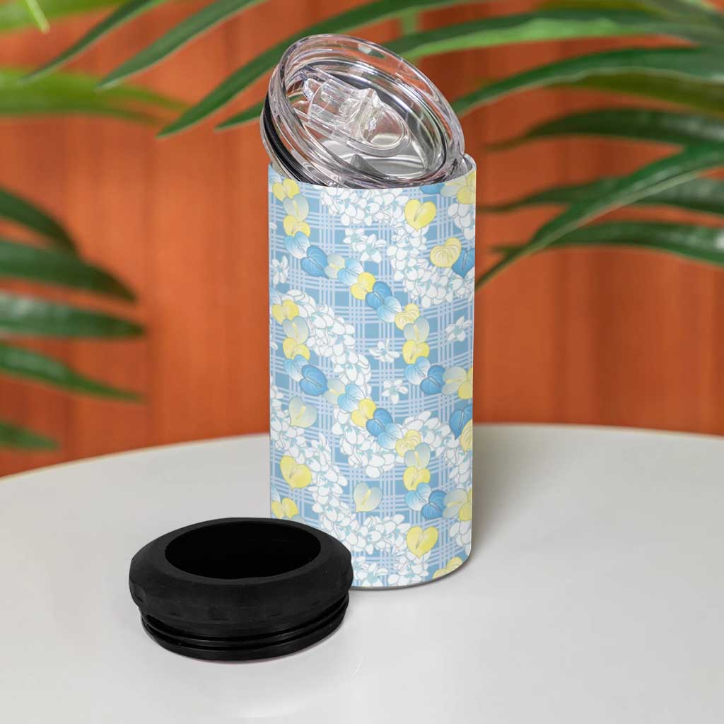 Anthurium Plumeria Lei Pastel 4 in 1 Can Cooler Tumbler Blue Hawaiian Splendid Palaka LT01 - Polynesian Pride