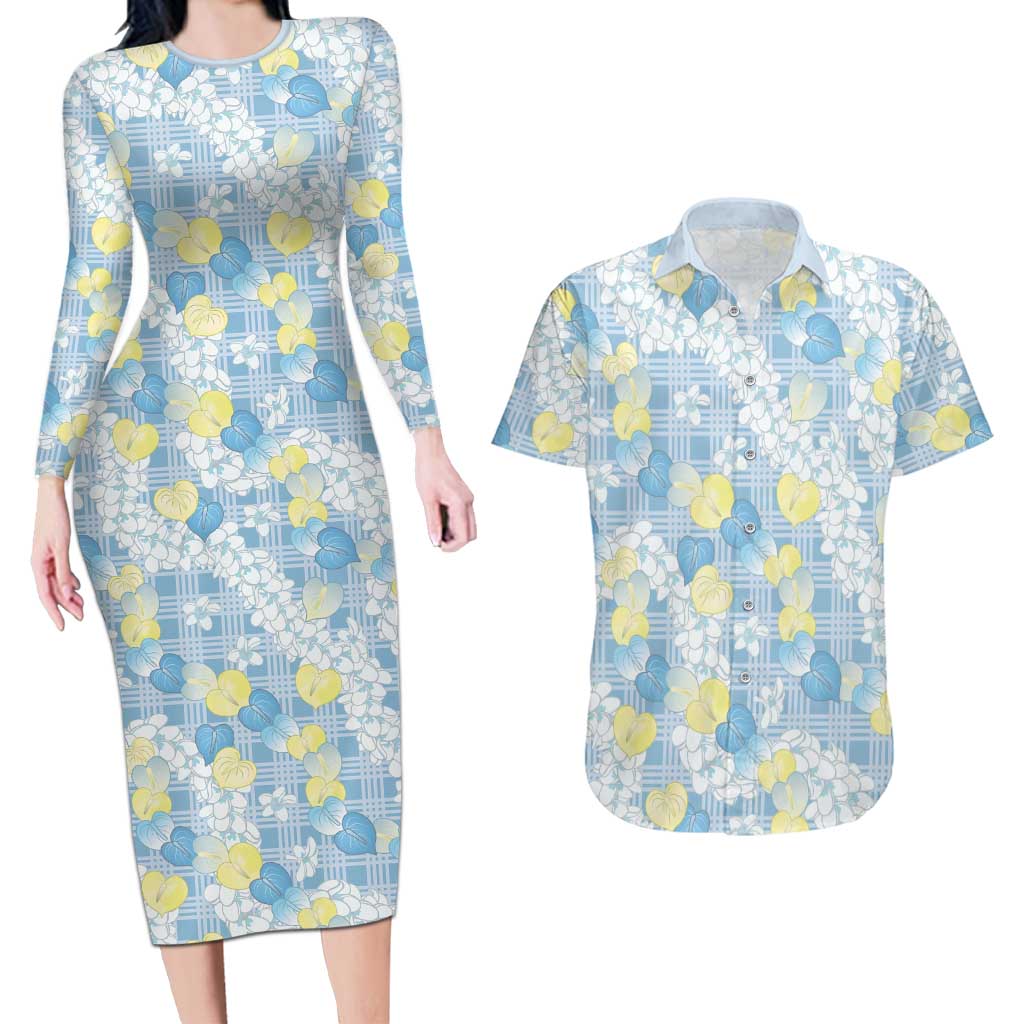 Anthurium Plumeria Lei Pastel Couples Matching Long Sleeve Bodycon Dress and Hawaiian Shirt Blue Hawaiian Splendid Palaka