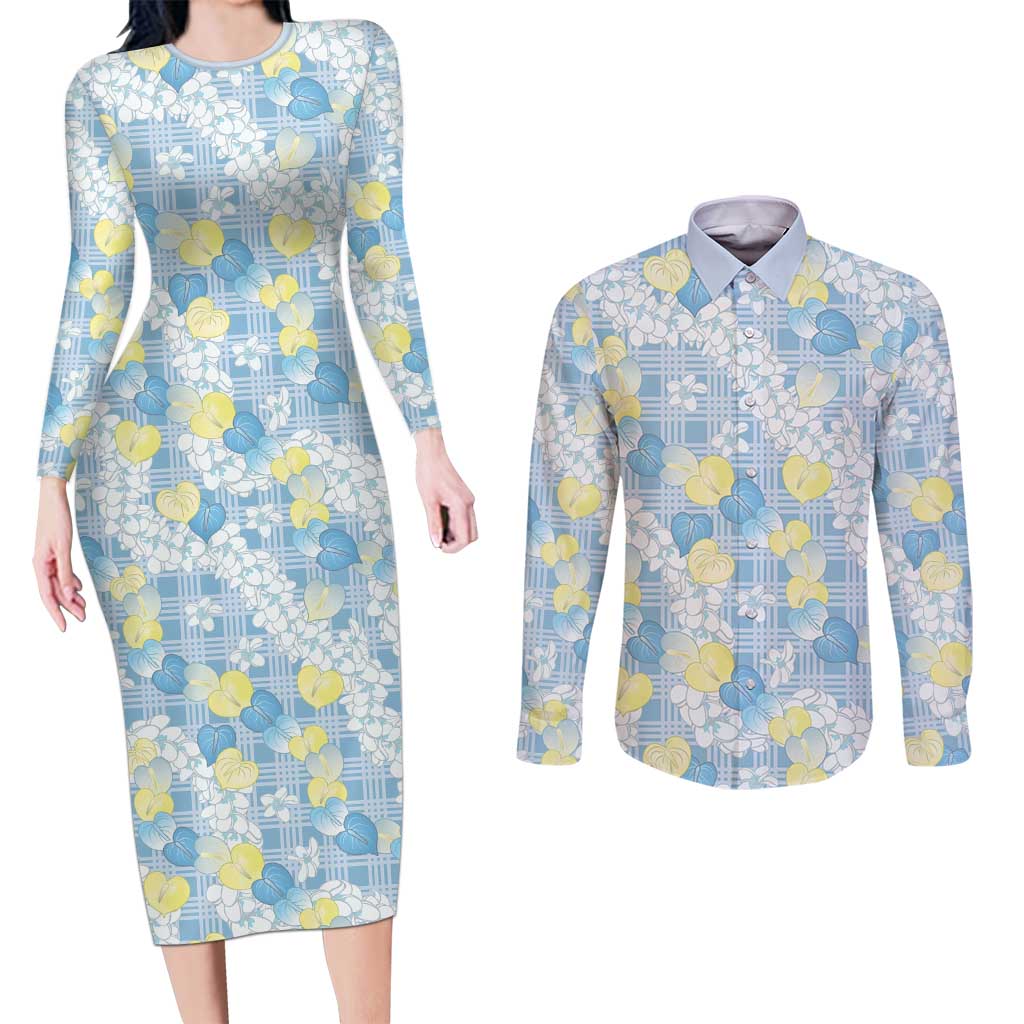 Anthurium Plumeria Lei Pastel Couples Matching Long Sleeve Bodycon Dress and Long Sleeve Button Shirt Blue Hawaiian Splendid Palaka