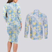 Anthurium Plumeria Lei Pastel Couples Matching Long Sleeve Bodycon Dress and Long Sleeve Button Shirt Blue Hawaiian Splendid Palaka
