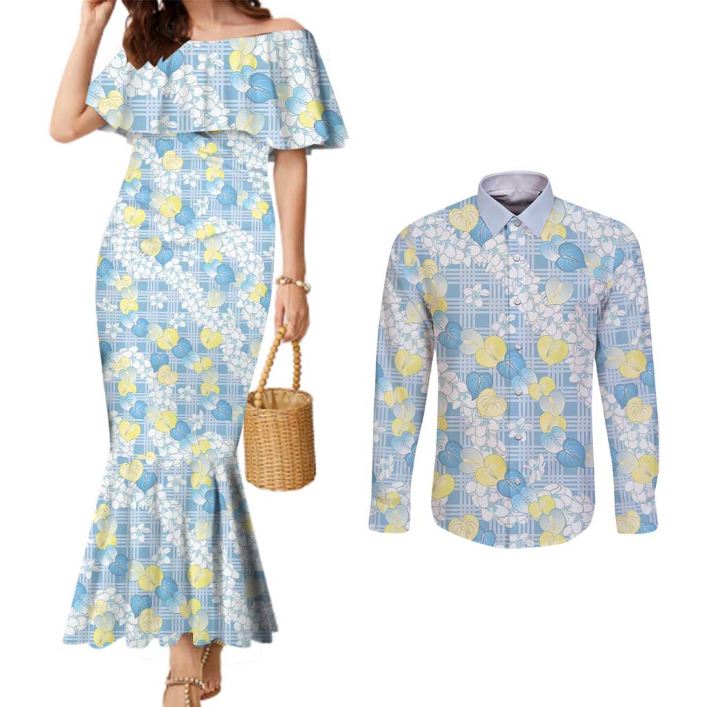 Anthurium Plumeria Lei Pastel Couples Matching Mermaid Dress and Long Sleeve Button Shirt Blue Hawaiian Splendid Palaka