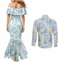 Anthurium Plumeria Lei Pastel Couples Matching Mermaid Dress and Long Sleeve Button Shirt Blue Hawaiian Splendid Palaka