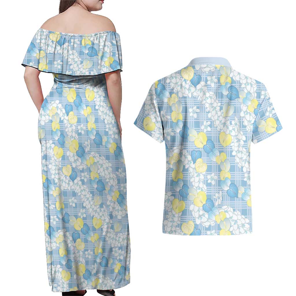 Anthurium Plumeria Lei Pastel Couples Matching Off Shoulder Maxi Dress and Hawaiian Shirt Blue Hawaiian Splendid Palaka
