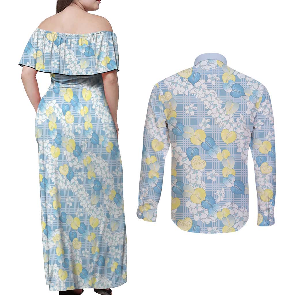 Anthurium Plumeria Lei Pastel Couples Matching Off Shoulder Maxi Dress and Long Sleeve Button Shirt Blue Hawaiian Splendid Palaka