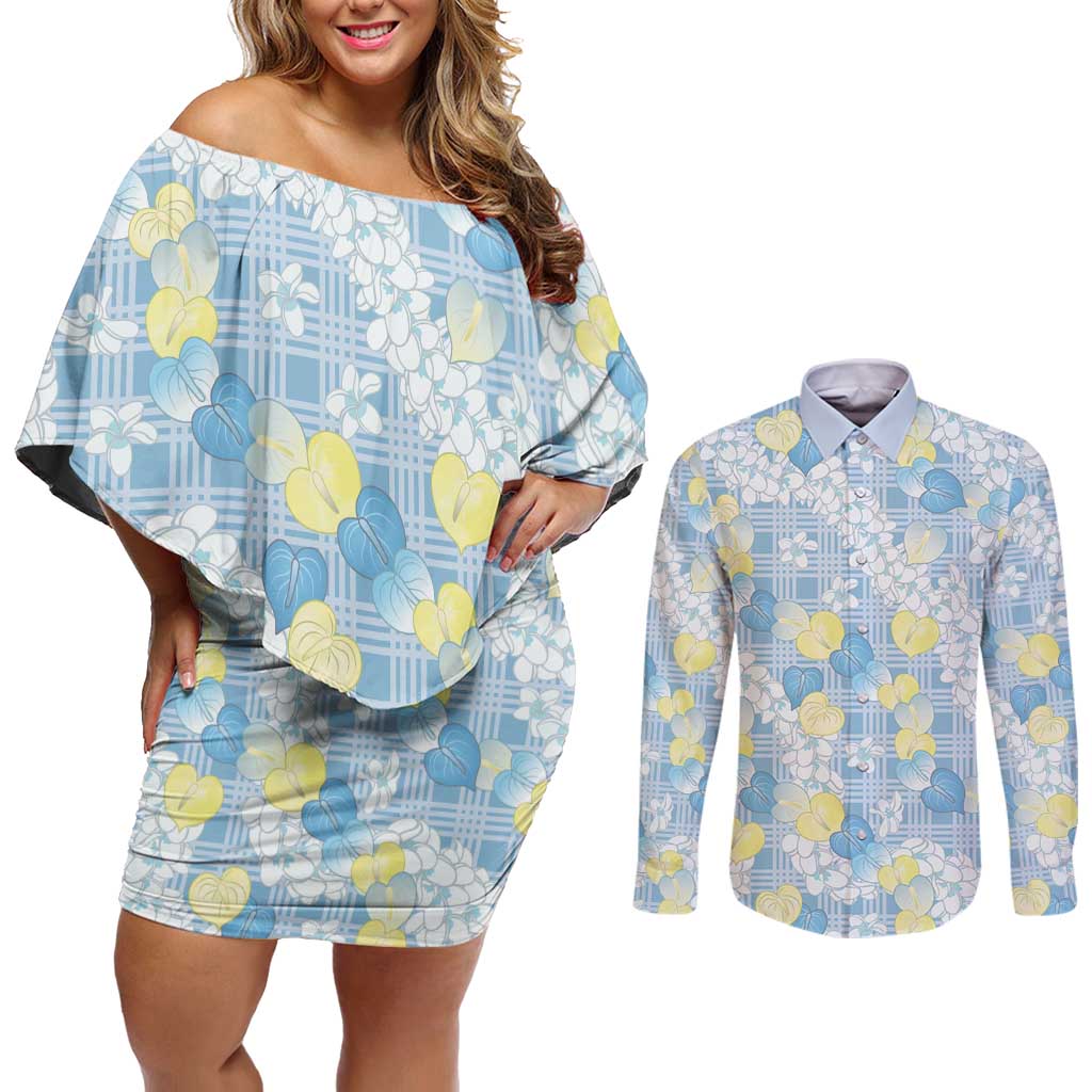 Anthurium Plumeria Lei Pastel Couples Matching Off Shoulder Short Dress and Long Sleeve Button Shirt Blue Hawaiian Splendid Palaka