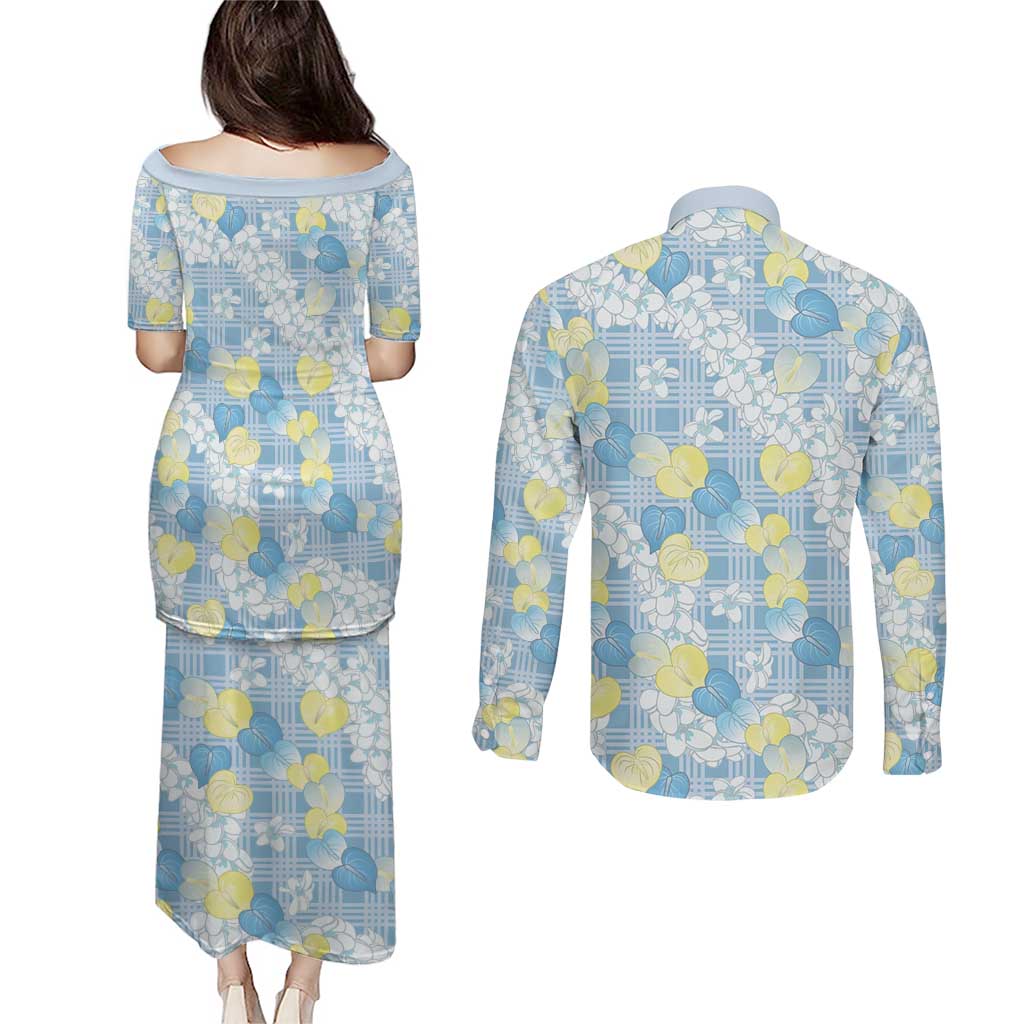 Anthurium Plumeria Lei Pastel Couples Matching Puletasi and Long Sleeve Button Shirt Blue Hawaiian Splendid Palaka