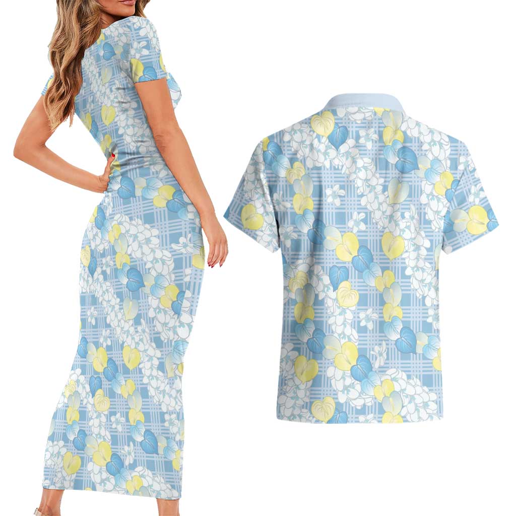 Anthurium Plumeria Lei Pastel Couples Matching Short Sleeve Bodycon Dress and Hawaiian Shirt Blue Hawaiian Splendid Palaka