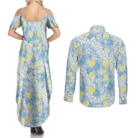 Anthurium Plumeria Lei Pastel Couples Matching Summer Maxi Dress and Long Sleeve Button Shirt Blue Hawaiian Splendid Palaka