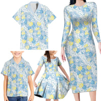Anthurium Plumeria Lei Pastel Family Matching Long Sleeve Bodycon Dress and Hawaiian Shirt Blue Hawaiian Splendid Palaka
