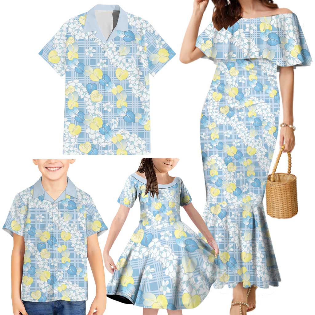 Anthurium Plumeria Lei Pastel Family Matching Mermaid Dress and Hawaiian Shirt Blue Hawaiian Splendid Palaka
