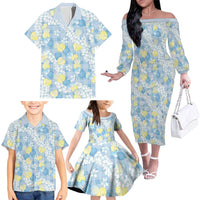 Anthurium Plumeria Lei Pastel Family Matching Off The Shoulder Long Sleeve Dress and Hawaiian Shirt Blue Hawaiian Splendid Palaka