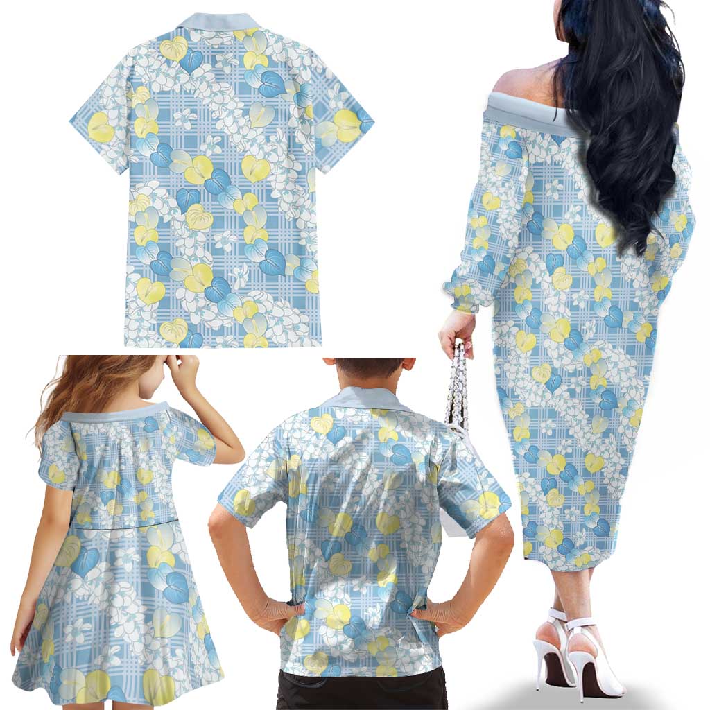 Anthurium Plumeria Lei Pastel Family Matching Off The Shoulder Long Sleeve Dress and Hawaiian Shirt Blue Hawaiian Splendid Palaka