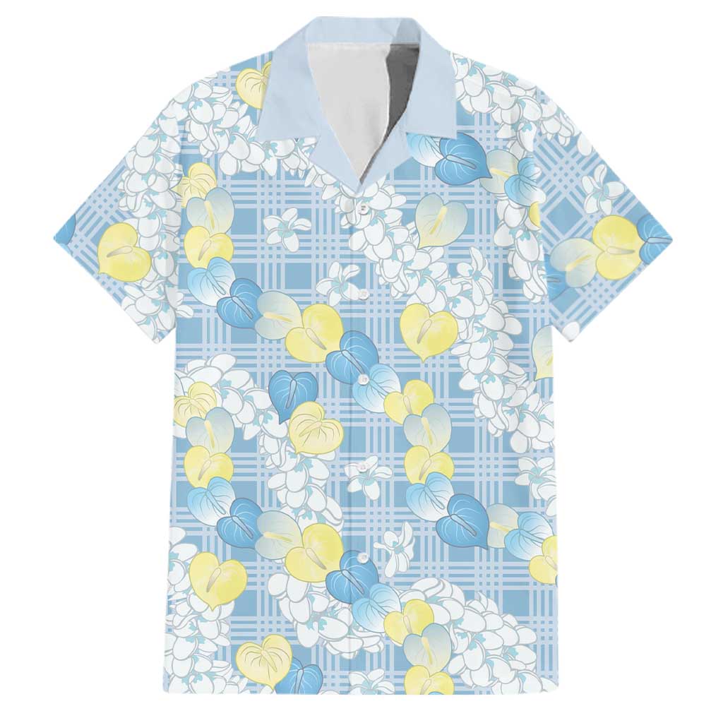 Anthurium Plumeria Lei Pastel Family Matching Off The Shoulder Long Sleeve Dress and Hawaiian Shirt Blue Hawaiian Splendid Palaka