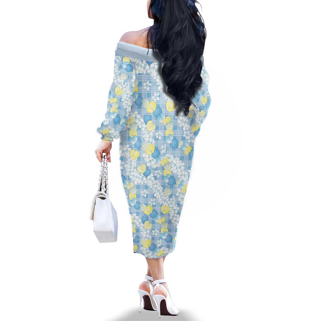 Anthurium Plumeria Lei Pastel Family Matching Off The Shoulder Long Sleeve Dress and Hawaiian Shirt Blue Hawaiian Splendid Palaka