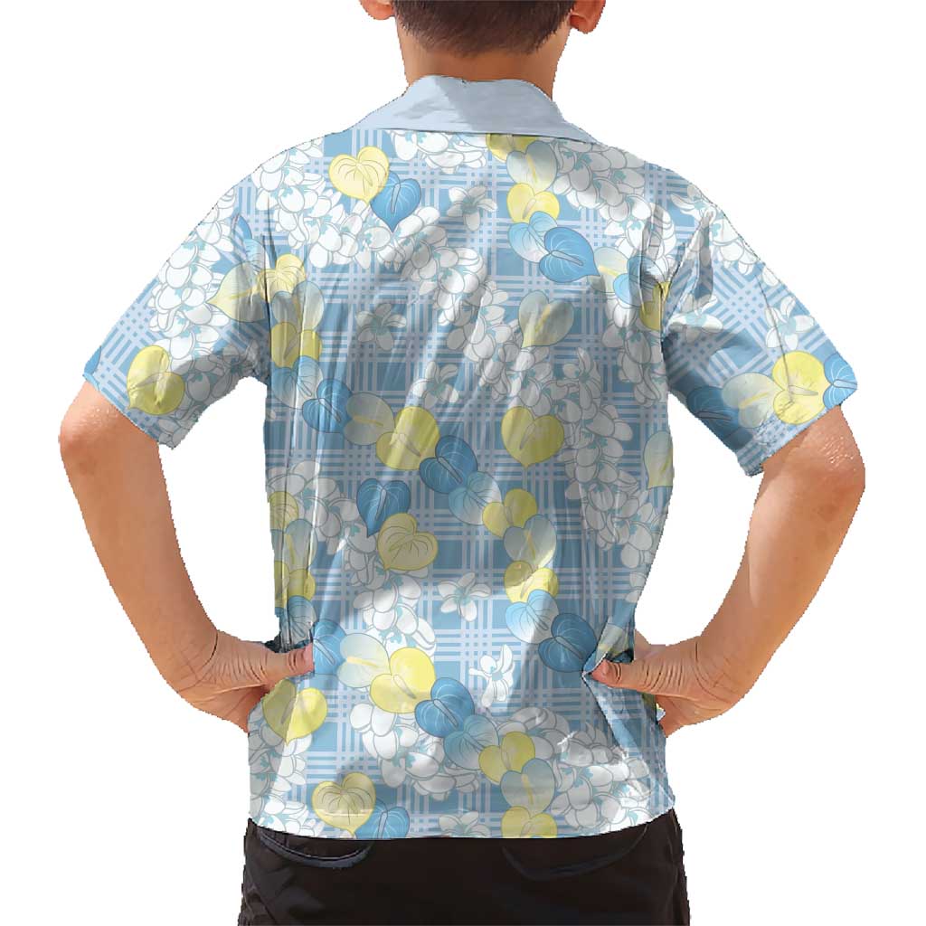 Anthurium Plumeria Lei Pastel Family Matching Off Shoulder Short Dress and Hawaiian Shirt Blue Hawaiian Splendid Palaka