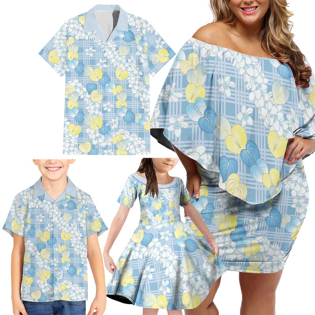 Anthurium Plumeria Lei Pastel Family Matching Off Shoulder Short Dress and Hawaiian Shirt Blue Hawaiian Splendid Palaka