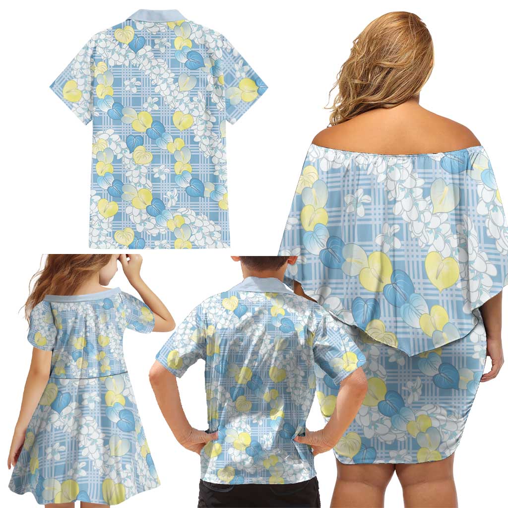 Anthurium Plumeria Lei Pastel Family Matching Off Shoulder Short Dress and Hawaiian Shirt Blue Hawaiian Splendid Palaka