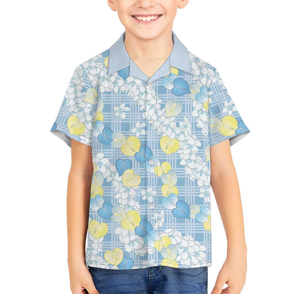 Anthurium Plumeria Lei Pastel Family Matching Off Shoulder Short Dress and Hawaiian Shirt Blue Hawaiian Splendid Palaka