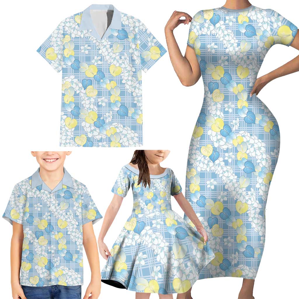 Anthurium Plumeria Lei Pastel Family Matching Short Sleeve Bodycon Dress and Hawaiian Shirt Blue Hawaiian Splendid Palaka