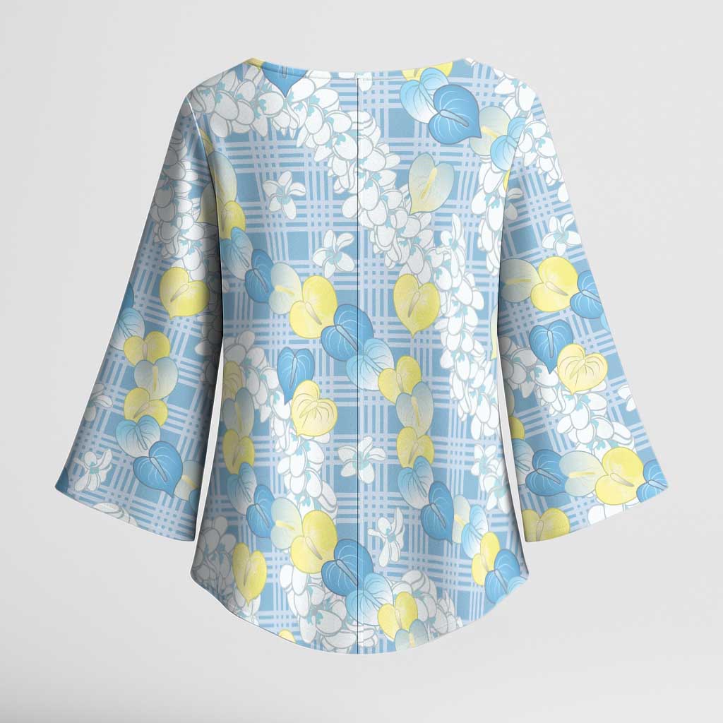 Anthurium Plumeria Lei Pastel Kimono Sleeve Blouse Blue Hawaiian Splendid Palaka