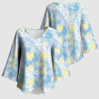 Anthurium Plumeria Lei Pastel Kimono Sleeve Blouse Blue Hawaiian Splendid Palaka