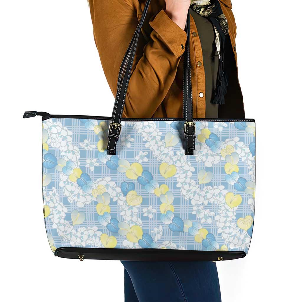 Anthurium Plumeria Lei Pastel Leather Tote Bag Blue Hawaiian Splendid Palaka LT01 - Polynesian Pride