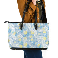 Anthurium Plumeria Lei Pastel Leather Tote Bag Blue Hawaiian Splendid Palaka LT01 - Polynesian Pride