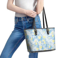 Anthurium Plumeria Lei Pastel Leather Tote Bag Blue Hawaiian Splendid Palaka LT01 - Polynesian Pride