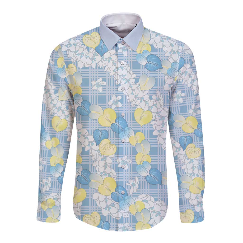 Anthurium Plumeria Lei Pastel Long Sleeve Button Shirt Blue Hawaiian Splendid Palaka LT01 Unisex Blue - Polynesian Pride