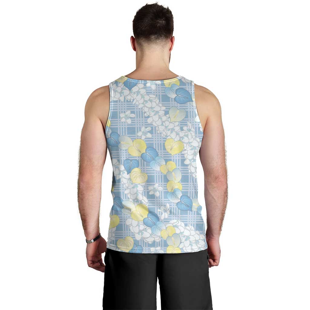 Anthurium Plumeria Lei Pastel Men Tank Top Blue Hawaiian Splendid Palaka LT01 - Polynesian Pride