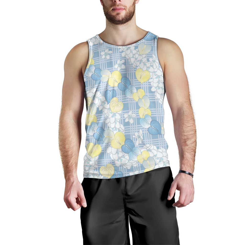 Anthurium Plumeria Lei Pastel Men Tank Top Blue Hawaiian Splendid Palaka LT01 - Polynesian Pride