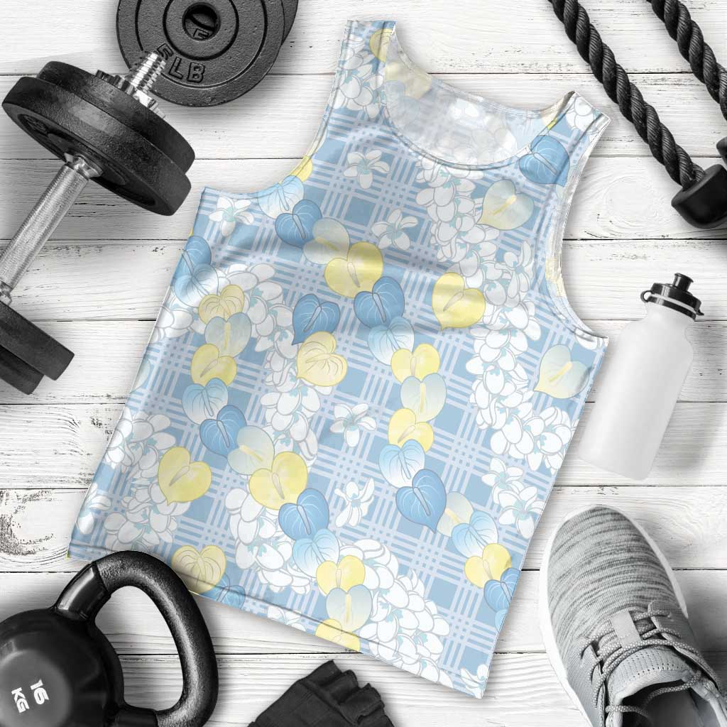 Anthurium Plumeria Lei Pastel Men Tank Top Blue Hawaiian Splendid Palaka LT01 - Polynesian Pride