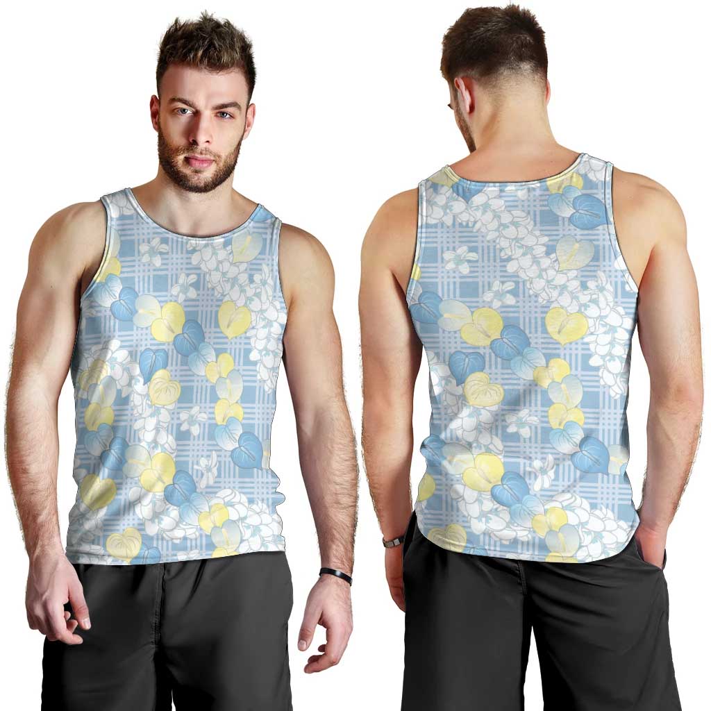 Anthurium Plumeria Lei Pastel Men Tank Top Blue Hawaiian Splendid Palaka LT01 - Polynesian Pride