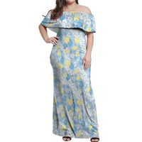 Anthurium Plumeria Lei Pastel Off Shoulder Maxi Dress Blue Hawaiian Splendid Palaka