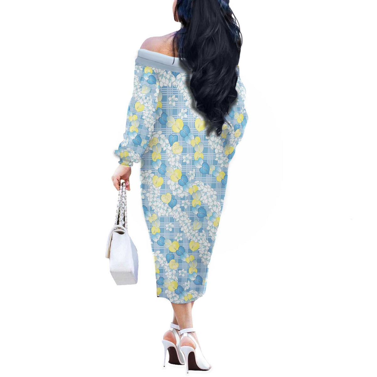 Anthurium Plumeria Lei Pastel Off The Shoulder Long Sleeve Dress Blue Hawaiian Splendid Palaka LT01 - Polynesian Pride