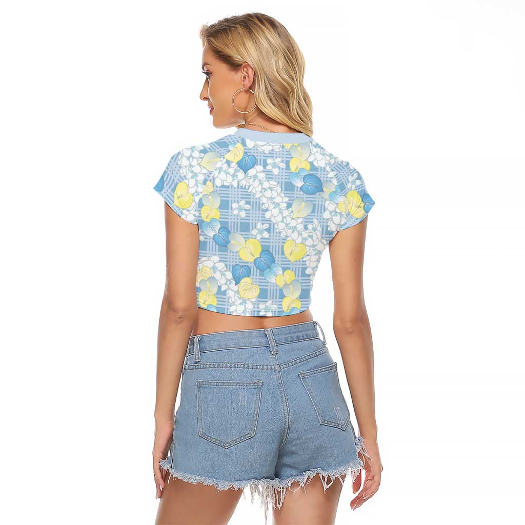 Anthurium Plumeria Lei Pastel Raglan Cropped T Shirt Blue Hawaiian Splendid Palaka