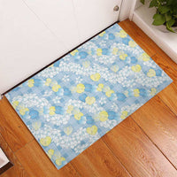 Anthurium Plumeria Lei Pastel Rubber Doormat Blue Hawaiian Splendid Palaka