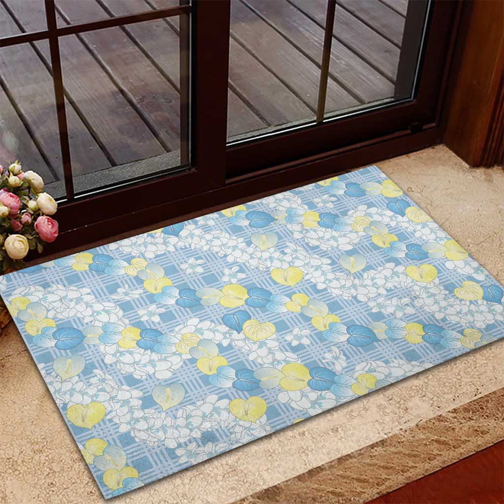 Anthurium Plumeria Lei Pastel Rubber Doormat Blue Hawaiian Splendid Palaka