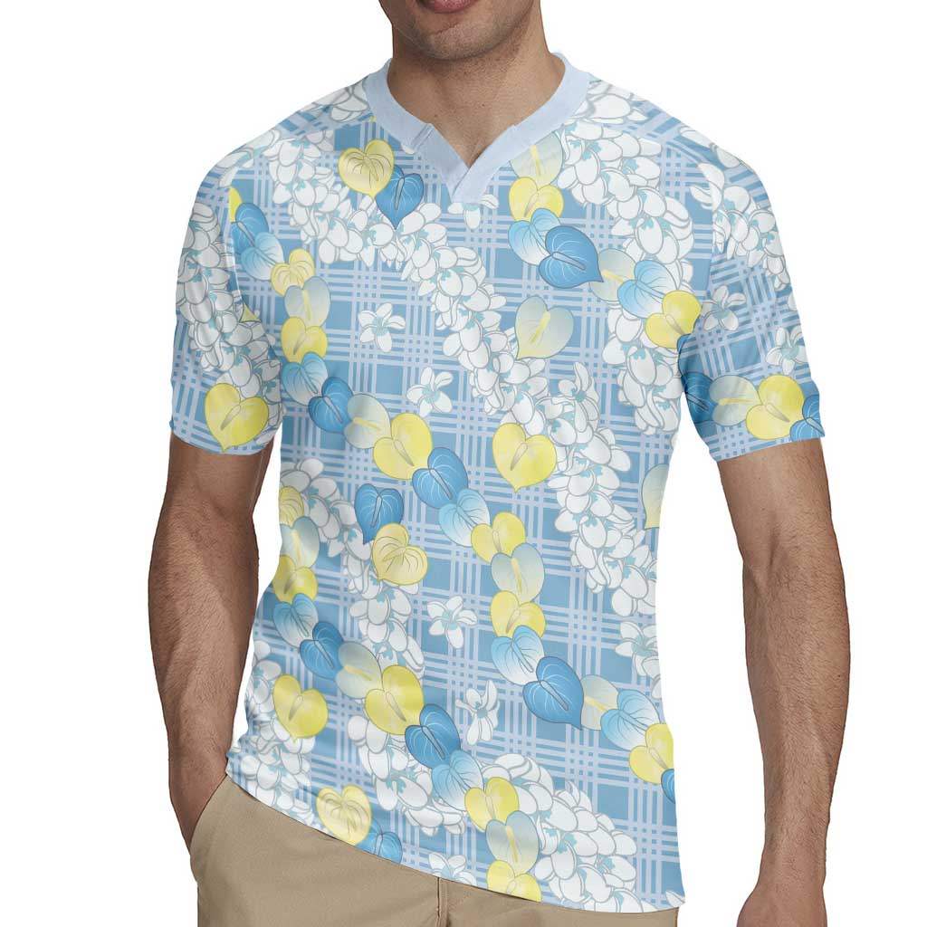 Anthurium Plumeria Lei Pastel Rugby Jersey Blue Hawaiian Splendid Palaka