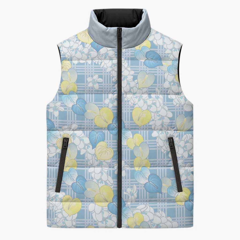 Anthurium Plumeria Lei Pastel Sleeveless Puffer Jacket Blue Hawaiian Splendid Palaka LT01 Unisex Blue - Polynesian Pride