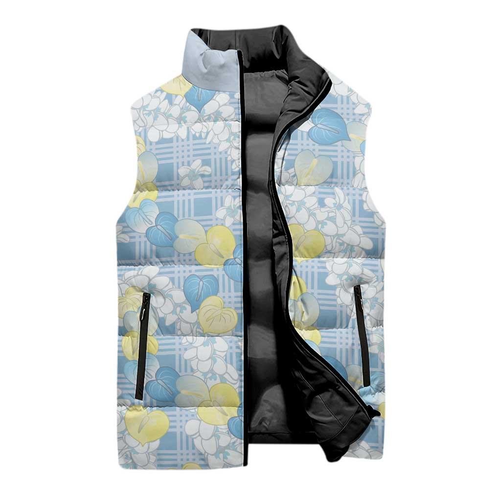 Anthurium Plumeria Lei Pastel Sleeveless Puffer Jacket Blue Hawaiian Splendid Palaka LT01 - Polynesian Pride