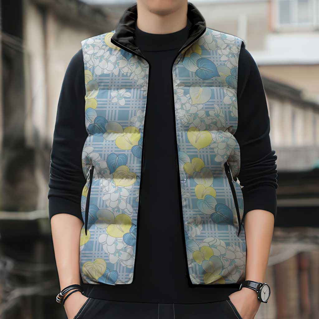 Anthurium Plumeria Lei Pastel Sleeveless Puffer Jacket Blue Hawaiian Splendid Palaka LT01 - Polynesian Pride