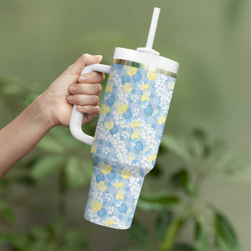 Anthurium Plumeria Lei Pastel Tumbler With Handle Blue Hawaiian Splendid Palaka