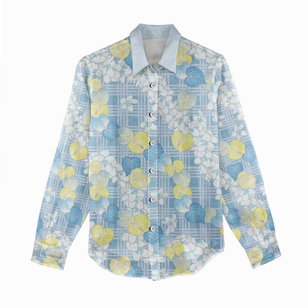 Anthurium Plumeria Lei Pastel Women Casual Shirt Blue Hawaiian Splendid Palaka