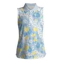 Anthurium Plumeria Lei Pastel Women Sleeveless Polo Shirt Blue Hawaiian Splendid Palaka